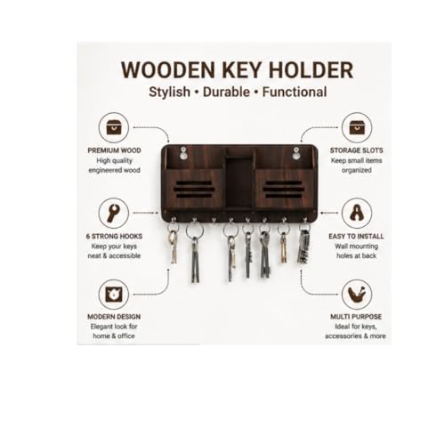 Image of Wooden Key Holder for Wall | Key Hanger Organizer with Storage Slots & Multiple Hooks | Wall Mounted Key Stand for Entryway, Home & Office