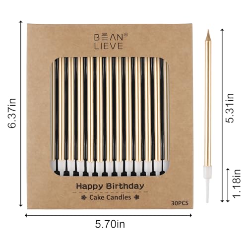 BEAN LIEVE 30-Count Champagne Gold Long Thin Metallic Birthday Candles, Cake Candles, Birthday Parties, Wedding Decorations, Party Candles, Cake Decorations