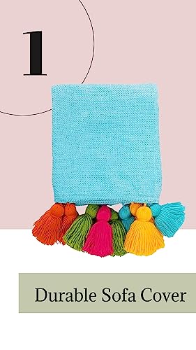 Image of Blue Sofa Cover Multicoloured Tassels: Sofa Slipcover: Thick Fabric, Scratch Resistant, Stylish & Functional: Seat & Front Back Protection -Set of 3 Covers- 4 Seater Sofa Cover Set (2+1+1 Seater)