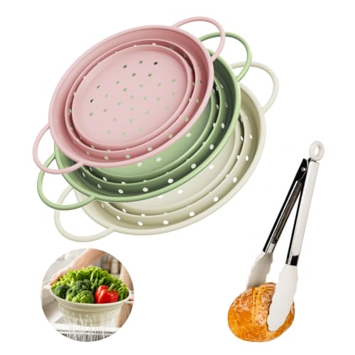 DYONDER collapsible silicone colanders in pink, white and green — proves the stackable, nesting design