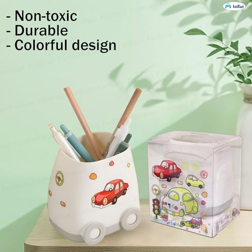 Image of FunBlast Pen Stand for Study Table, Car Stationary Organizer with Kawaii Stickers, Pen Stand for Kids & Girls, Desk Organizer, Birthday Return Gifts for Kids (White)