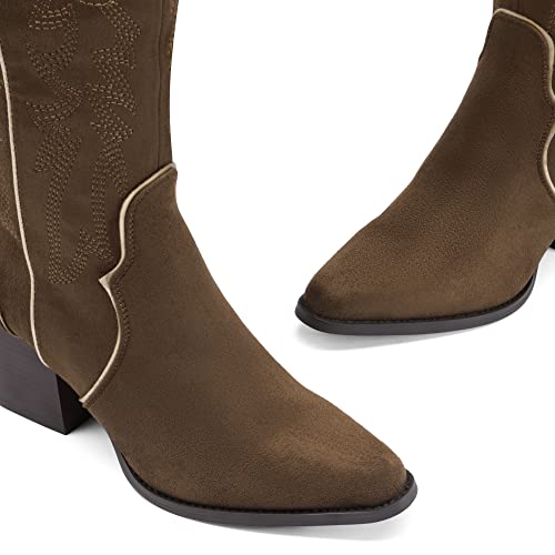 Image of DREAM PAIRS Womens Cowboy Boots Wide Calf Comfortable Pull On Zipper Chunky Heel Pointed Toe Embroidered Western Cowgirl Knee High Boots Ladies Retro Tall Boot