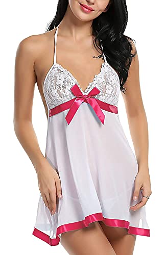 Baby-doll blanc mi-long pour femme avec ruban rose rouge | Taille unique