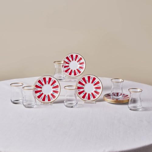 Karaca Bursa Türkische Teegläser Set, 12-teiliges Teeglas, Teeset für 6 Personen (Cay Bardagi Set), Tee Gläser mit Traditionelles Design in Rot, Roter Teller mit feinen Details Karaca Bursa Türkische Teegläser Set, 12-teiliges Teeglas, Teeset für 6 Personen (Cay Bardagi Set), Tee Gläser mit Traditionelles Design in Rot, Roter Teller mit feinen Details