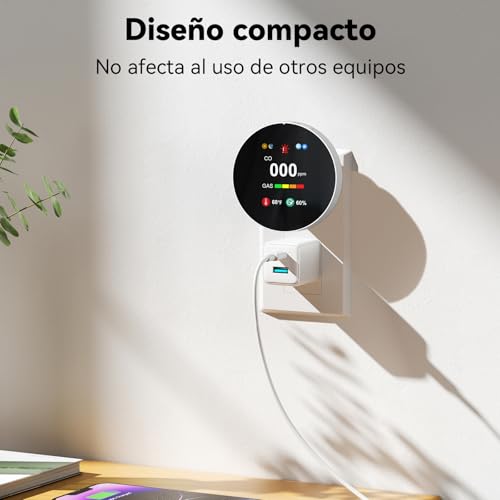 Miniatura 5 de Chzhvan Detector De Monóxido De Carbono Y Gas Con Enchufe, Combinado Detector De Co 4 En 1 Con Sensor De Temperatura Y Humedad, Alarma Sonora Para Hogar Y Caravana, 1 Pieza