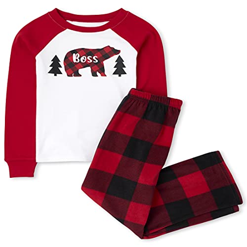 The Children s Place Kids  Holiday Snug Fit Cotton Top and Fleece Pant Pajamas, Boss Bear, X-Small
