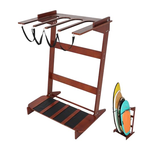 JUSTOOP Freestanding Surfboard Rack Vertical Surfboard Stand Racks Surf Rack of Free Wall Mount Fits Shortboards Longboards Wakeboards Holds 4 Board Pine Wood 1 PCS Dark Brown