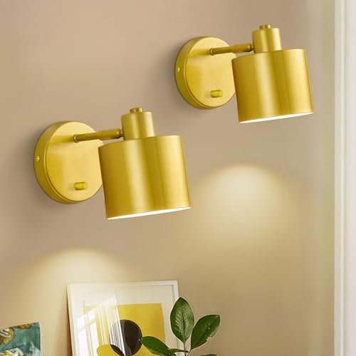 Glowlit Bedroom Wall Lights with Switch Set of 2, Gold Wall Lamps Indoor, Dimmable Modern Wall Sconce Lighting for Living Room Hallway, Stair (Bulb Not Included)