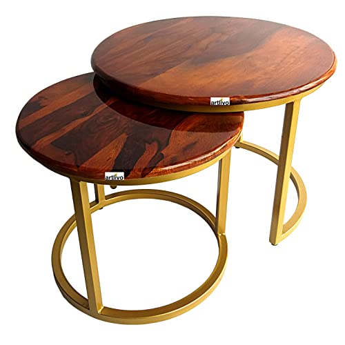 Image of Artlivo Solid Sheesham Wood Round Coffee Table - Set of 2 (22 /17 inch Dia) for Living|Drawing|Bedroom|Office|Balcony|Gift|Diwali|Wedding