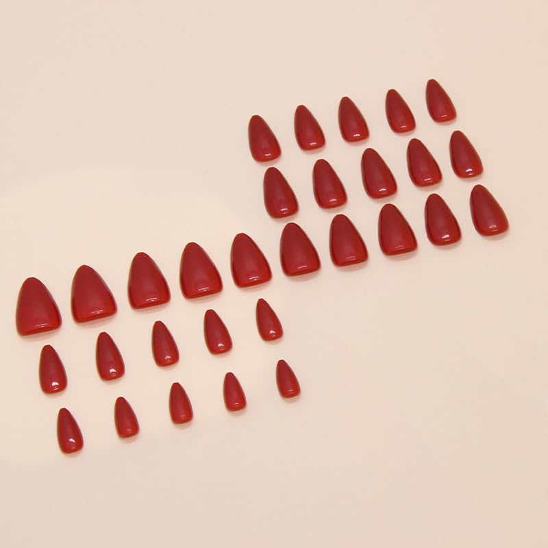 JUSTOTRY 24 Pcs Blood Red Solid Almond False Nails Short Press on Nails Pattern,Glossy Fake Nails Medium for Nail Art,French Oval Stick on Nail for Women Gifts - Image 3