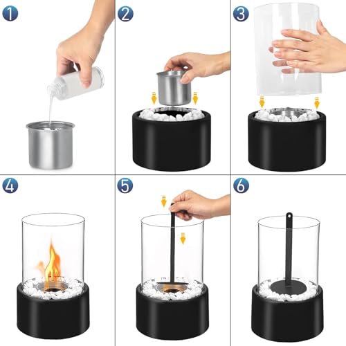 Jubor Ethanol Tafelhaardset, tafelhaardset met glas, bio-ethanol haard met stalen basis en witte decoratieve stenen, bio-ethanol tafelhaard, voor binnen en buiten, voor terras, balkon, tuindecoratie - Afbeelding 5