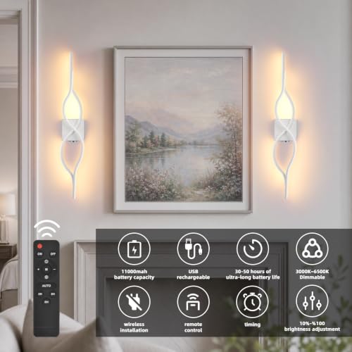 Image of Battery Operated Wall Sconces Set of 2, Sliver 31.4'' LED Dimmable Wall Sconce with Remote Control, Adjustable Color Temperature Brightness for Living Room Bedroom and Hallway Rechargeable Lighting