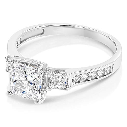 Ioka Solid 925 Sterling Silver 1.5 Ct. CZ Cubic Zirconia 3 Stone Engagement Ring Princess Cut Solitaire with Round Side Stones2