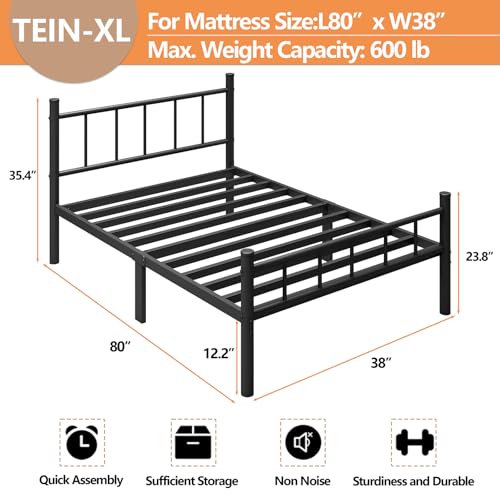 Image of zizin Twin-XL Size Bed Frame with Headboard and Footboard, Black | Metal Platform Bedframe Mattress Foundation, Steel Slat Support, No Boxing Spring Needed, Under Bed Storage Easy Assembly