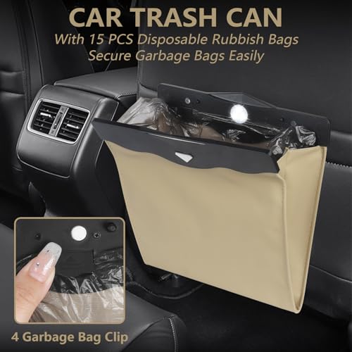 Image of XSUPER Car Trash Bag - Waterproof PU Leather Hanging Trash Can with Smart LED Light & Magnet Closure for Back Seat, Portable Trash Bin Includes 15 Rubbish Bags(Beige)