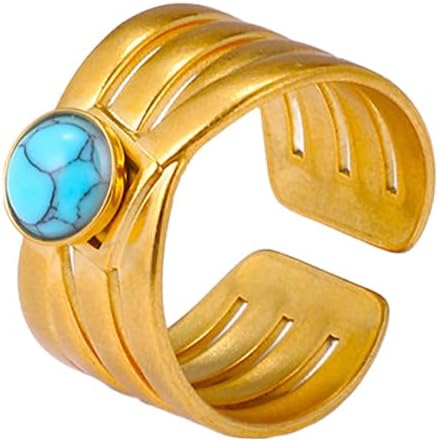 Gold Turquoise Ring, Adjustable Stainless Steel Ring, Vintage Western Rings for Women