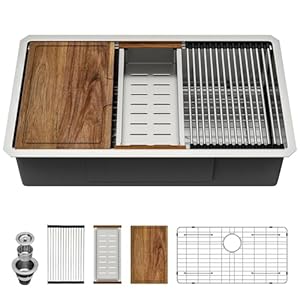 33 Undermount Kitchen Sink – IOROYO 33×19 Undermount Kitchen Sink Workstation Stainless Steel Single Bowl Round Corner Under Counter Sink Basin with Built In Accessories