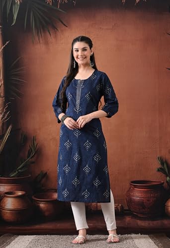 Image of Ichaa Women's Pure Cotton Embroidered Round-Neck Ethnic Kurta with 3 /4th Sleeve for Daily and Office Wear, in Plus Sizes