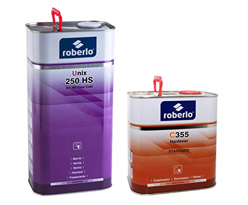 Roberlo Unix 250 HS Clear Coat 5L + C355 Hardener 2.5L - Acrylic Polyurethane, High Gloss Finish - Professional Grade Automotive Refinishing Kit - Trusted Quality, Exceptional Performance and Results.