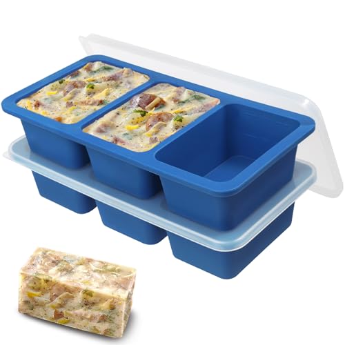 KOLUTI Antihaft-Silikonform für 3 Suppenwürfel, Gefrierschrank, 1 Tasse, große Soßen-Eiswürfelform mit Kunststoffdeckel, stapelbar, Gefrierbehälter, spülmaschinenfest und BPA-frei, 2 Stück