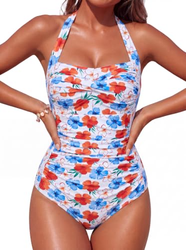 Image of Smismivo Tummy Control Swimwear Halter One Piece Slimming Vintage Retro Swimsuit Womens Ruched Push Up Bathing Suit