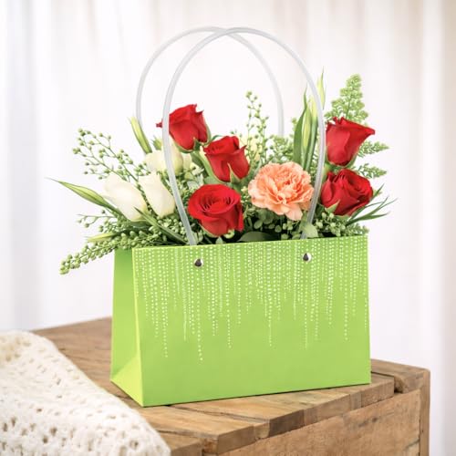 Image of Oasis Pack of 10 Grass Green Texture Print Flower Hamper Bags | Premium Floral Packaging Bags for Rakhi Gift Hampers, Flower Bouquets, Wedding, Return Gifts, Decorative Presentation & Florist Supplies