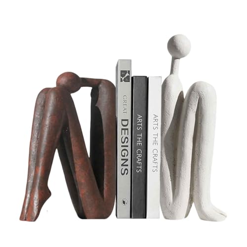 Set de 2 Sujetalibros Decorativos de Cerámica – Figuras Abstractas Modernas en Blanco y Marrón – Sujetalibros Pesados para Libros, Estanterías, Escritorio, Oficina y Decoración del Hogar
