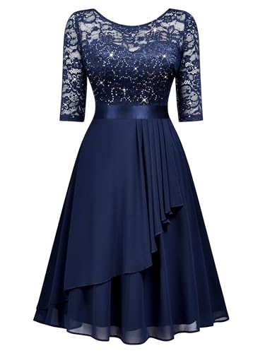 Miusol Women's Classy Scoop Neck Pleated Glitter Sequin Lace Half Sleeve Formal Party A-Line Dress2