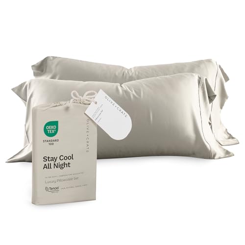 Olive + Crate Tencel Eucalyptus Pillowcases - 100% Tencel Lyocell Cooling Pillow Cases for Hot Sleepers - Hypoallergenic, Moisture-Wicking, Silk Alternative, Vegan - King Size Set of 2 [Oatmeal]