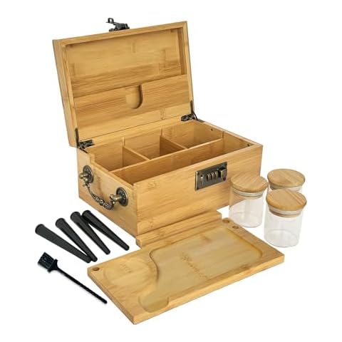 JIABOLANG Bamboo Box with Combination Lock & Accessories -3 Smell Proof Jars, 4 Tube, Rolling Tray,Brush - Accessories Family Organizer Set with Handle, Locking Stash Box Cover