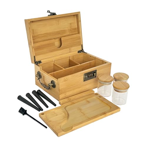 JIABOLANG Boîte en bambou avec serrure à combinaison et accessoires, 3 bocaux anti-odeurs, 4 tubes, plateau à rouler, brosse, sac anti-odeur - Ensemble...