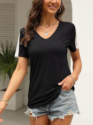 Womens Lace Short Sleeve V Neck T Shirts Summer Casual Tops Loose Fit Tees Blouses3