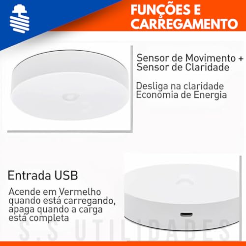 Kit 4 Luminárias LED Branco Quente Recarregáveis com Sensor de Presença