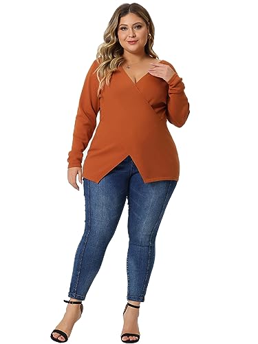 Image of Agnes Orinda Plus Size Knit Tops for Women Wrap V Neck Criss Cross Long Sleeve Asymmetrical Sweater