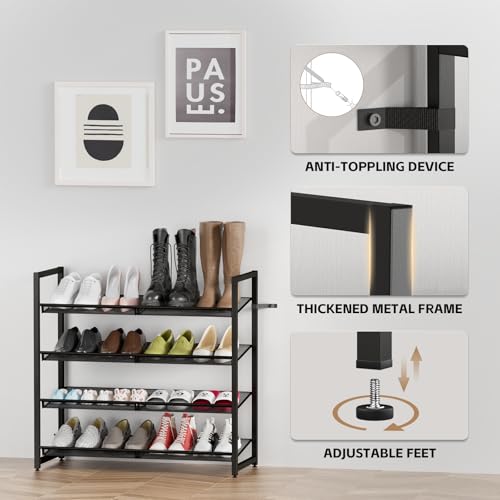 Image of Metal Shoe Rack for Closet,entryway, 4-Tier Shoe Organizer, Adjustable Flat or Angled Shelves, Holds up to 20 Pairs Shoes, Black