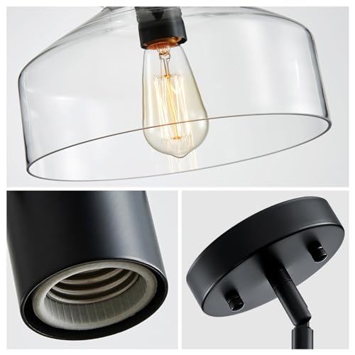 Image of WUZUPS Chandelier Rustic Farmhouse Industrial Round Ceiling Pendant LED Light Fixture with Clear Glass Shades for Dining Room Kitchen Island Foyer Entryway, H 9.4 inch x W 10.6 inch, E26 Base, Black