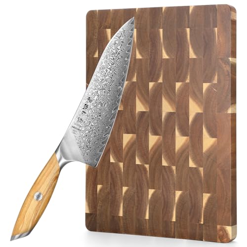 HEZHEN Cuchillo de Cocina Damasco, Cuchillo Chef de Acero Damasco de 73 Capas con Tabla de Cortar de Madera de Acacia