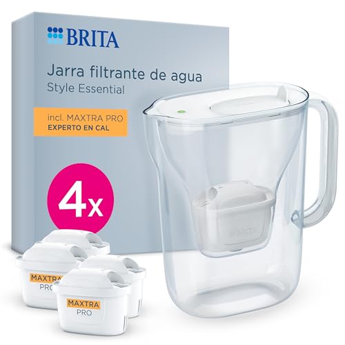 BRITA Jarra filtrante Style Essential Blanca (2.4L) incl. 4x MAXTRA PRO Experto en Cal | Compatible con la puerta del frigorífico, con indicador LED, filtra la cal y metales