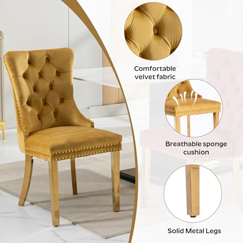 Image of 7-Piece Dining Table Set with 47In Tempered Glass Table and 6 Velvet Upholstered Chairs, Modern Scandinavian Furniture for Dining Room Kitchen(Yellow&Gold)
