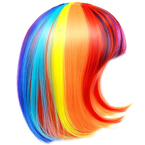 Peluca arcoíris de 12 pulgadas sintética transpirable y de colores con flequillo