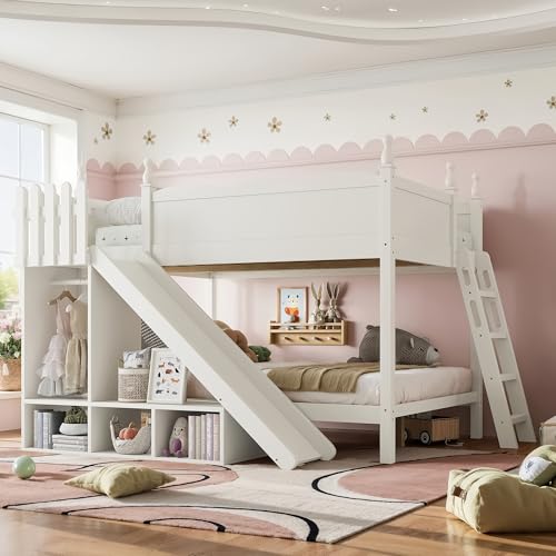 Image of Bellemave Bunk beds Full Over Full with Slide and Stair, Low bunk /loft Bed for Kids,Beige