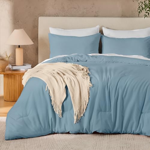 Andency Grayish Blue King Size Comforter Set, 3 Pieces Solid Blue Bed Comforter Set, Lightweight Fluffy Blue Bedding Comforter Set for All Season(104x90In Comforter & 2 Pillowcases)