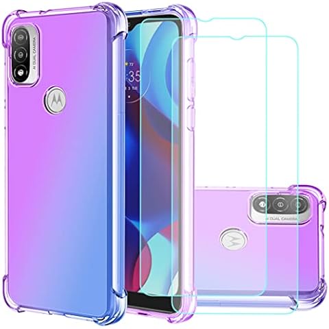 Jhxtech for Moto E20/Moto E30/Moto E40 Case with [2 Packs] Tempered Glass Screen Protector, Clear Gradient Case Slim Anti Scratch TPU Cover Protective Case for Motorola Moto E20 (Purple/Blue) Cover