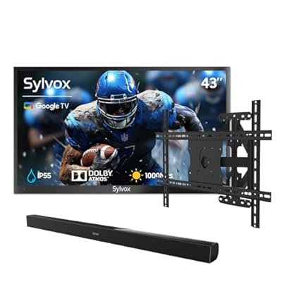 SYLVOX 43-Inch Outdoor TV, Smart TV Compatible with Google TV, Waterproof Soundbar, & Adjustable Wall Mount