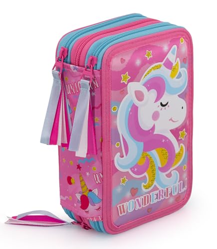 J.M. Inacio UNICORNO - ASTUCCIO SCUOLA 3 ZIP UNICORNO ARCOBALENO - COMPLETO DI 44 PEZZI - PRODOTTO ESCLUSIVO (ROSA/CELESTE)