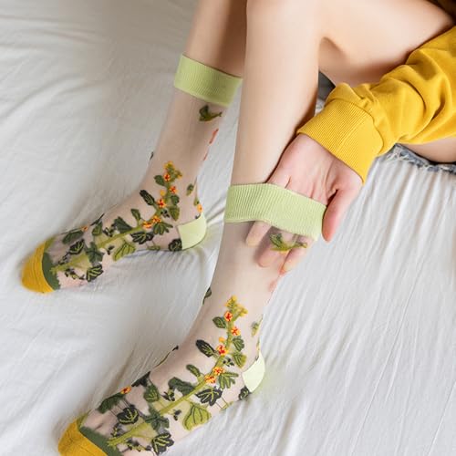 Women Floral Sheer Socks Elastic See Through Summer Thin Mesh Lace Jacquard Cottagecore Accessories Y2K Socks 8 Pairs3