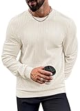 VOGSTART Men Long Sleeve Shirts Ribbed Stretchy Pullover Regular Fit Muscle T-Shirt Crew Neck Tee Shirt Beige M