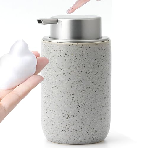 GIRLUFO Dispensador de jabón de espuma de cerámica, 350 ml, color gris, dispensador de jabón rellenable, adecuado para jabón de manos, cocina, baño (dispensador de jabón líquido moderno)