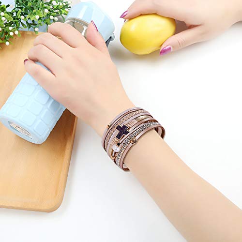 Hutou Leather Wrap Bracelet Boho Cuff Bracelets For Women Teen Girls Crystals Cross Bracelet Jewelry Gifts For Her Beige #TOP6