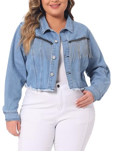 Agnes Orinda Plus Size Cropped Denim Jackets for Women Button Frayed Hem Tassel Crop Jean Jackets